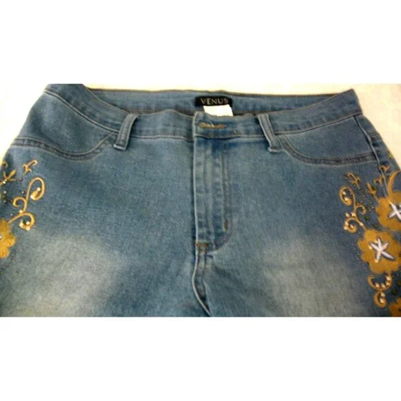 Women's Venus Blue Denim Embellished Embroidered Distressed Jeans Sz 8 - Picture 7 of 14